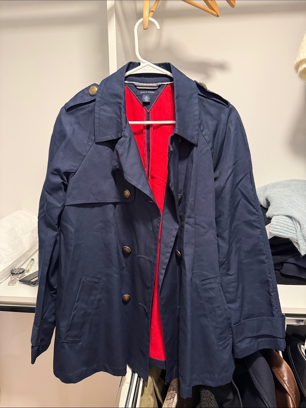 Tommy Hilfiger Navy Trench Coat with Red Lining